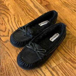 sequined black moccasins